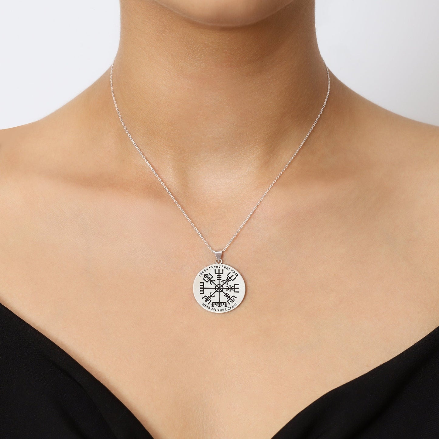 925 Sterling Silver Nordic Name Vegvisir Rune Necklace - Vikings Amulet