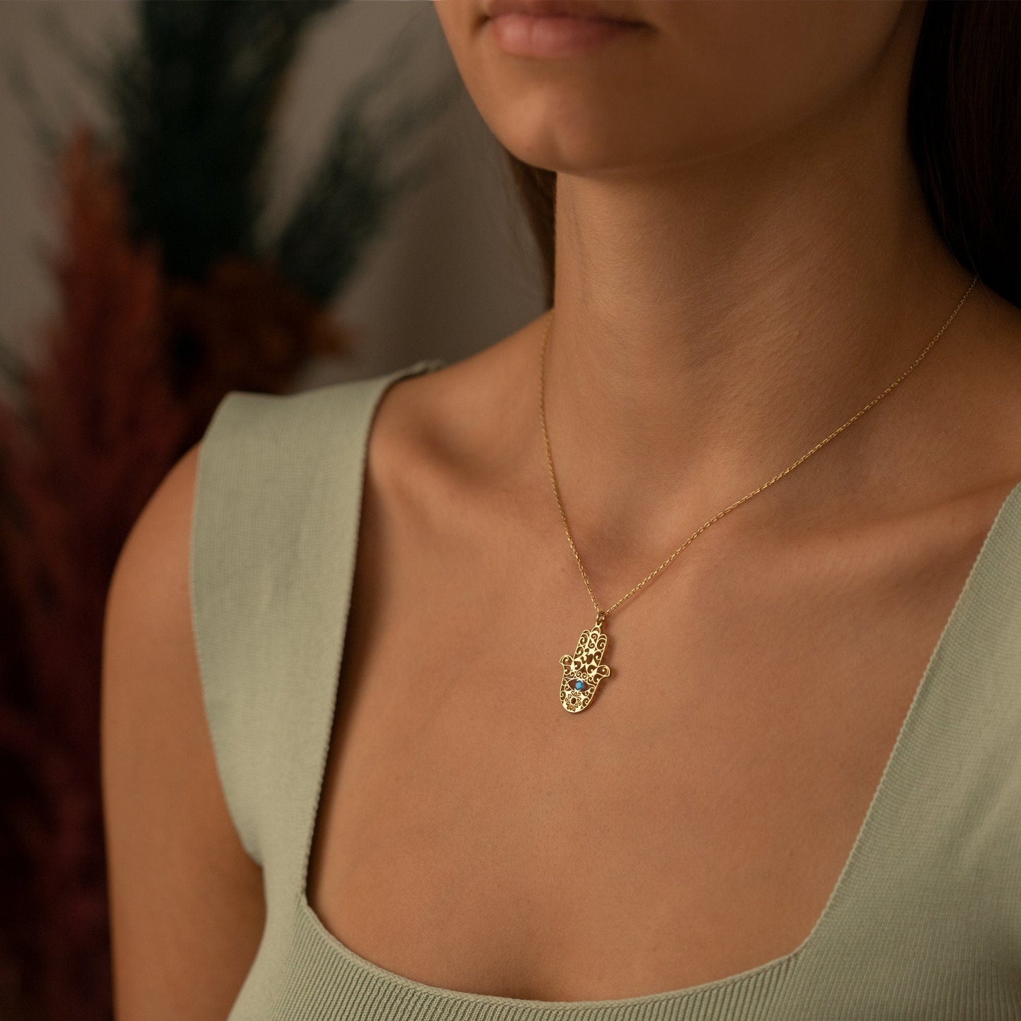 14K Solid Gold Fatima's Hand Necklace with Birthstone
