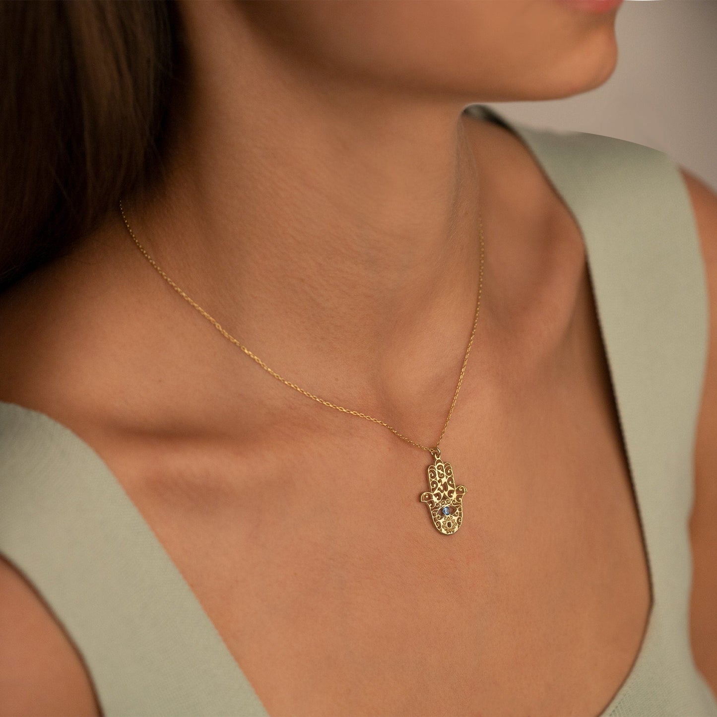 14K Solid Gold Fatima's Hand Necklace with Birthstone