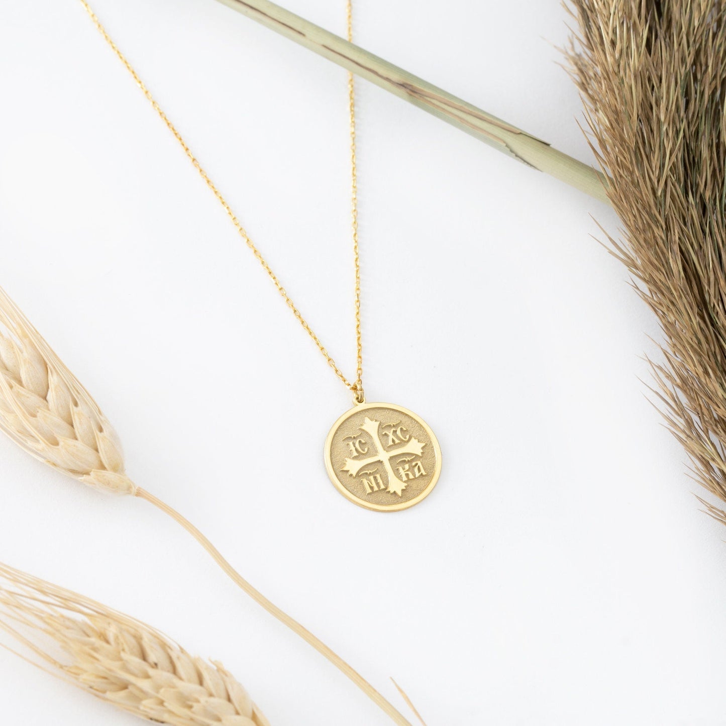 14K Solid Gold Christian Eastern Orthodox Cross Necklace - IC XC NIKA Cross Necklace