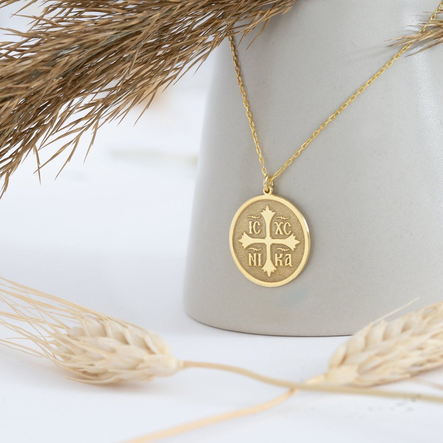 14K Solid Gold Christian Eastern Orthodox Cross Necklace - IC XC NIKA Cross Necklace