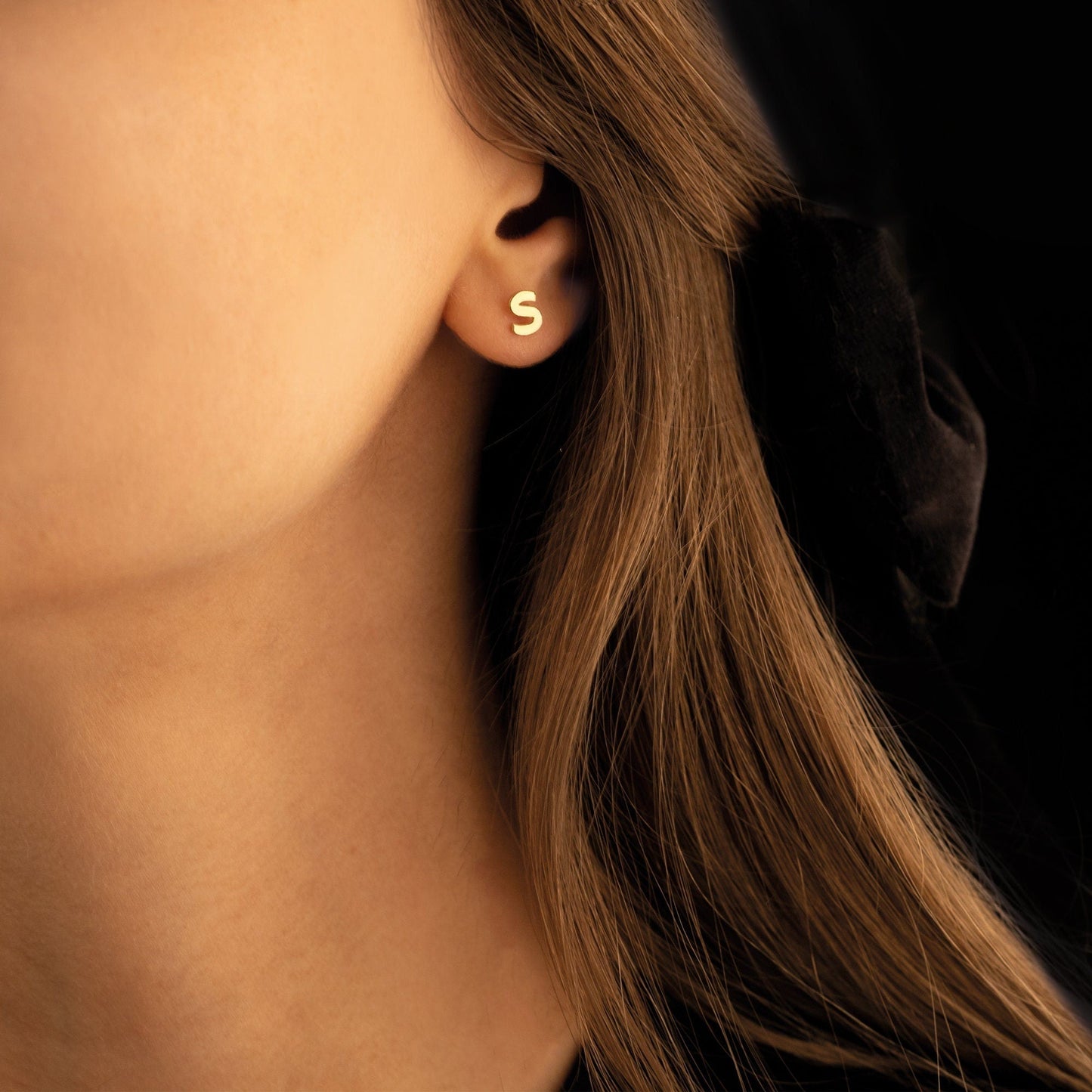 14K Solid Gold Minimalist Tiny Initial Letter Earring