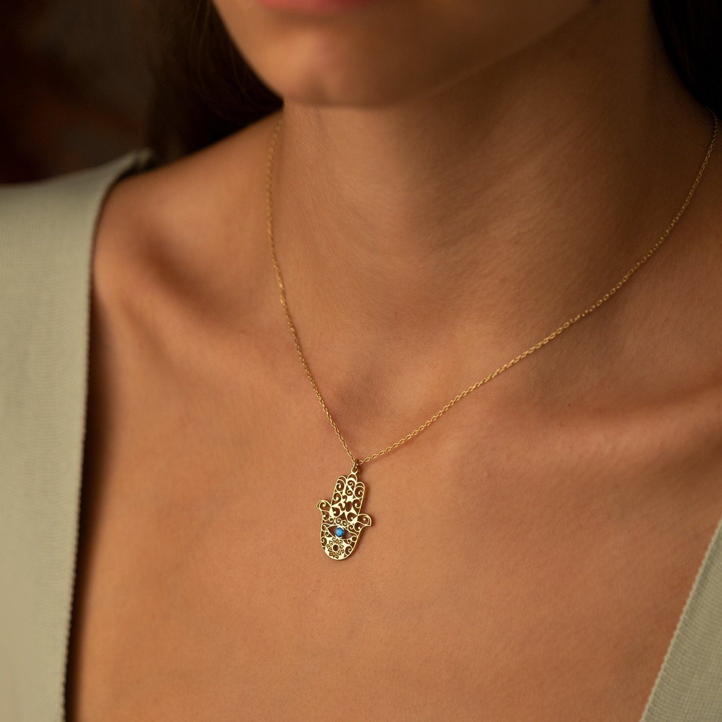 14K Solid Gold Fatima's Hand Necklace with Birthstone