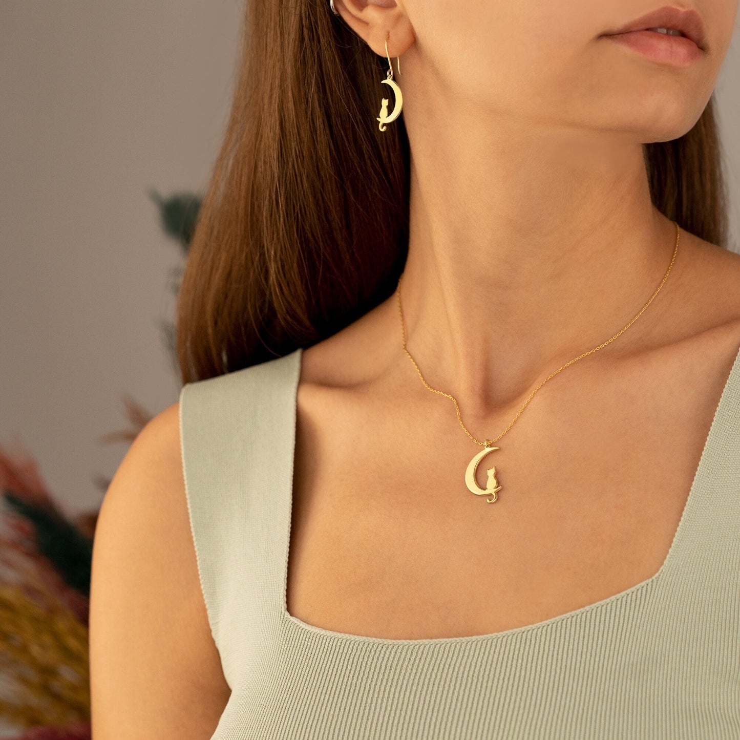 14K Solid Gold Cat Moon Drop Earrings - Cat Jewelry