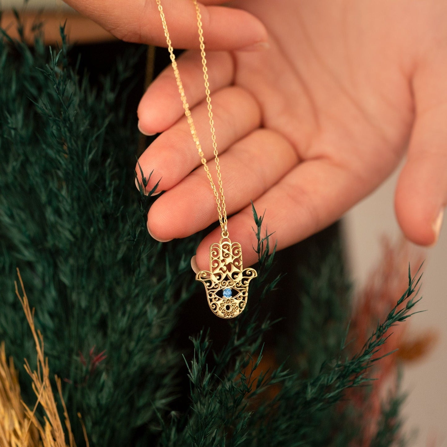 14K Solid Gold Fatima's Hand Necklace with Birthstone
