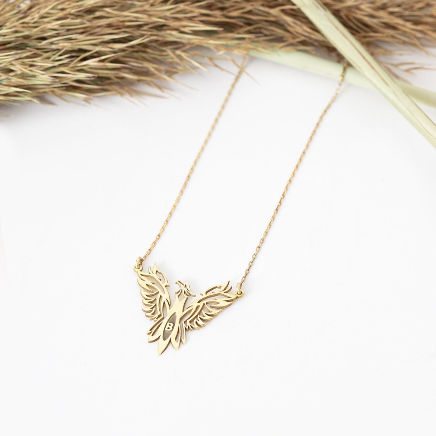 925 Sterling Silver Unique Phoenix and Initial Gold Necklace