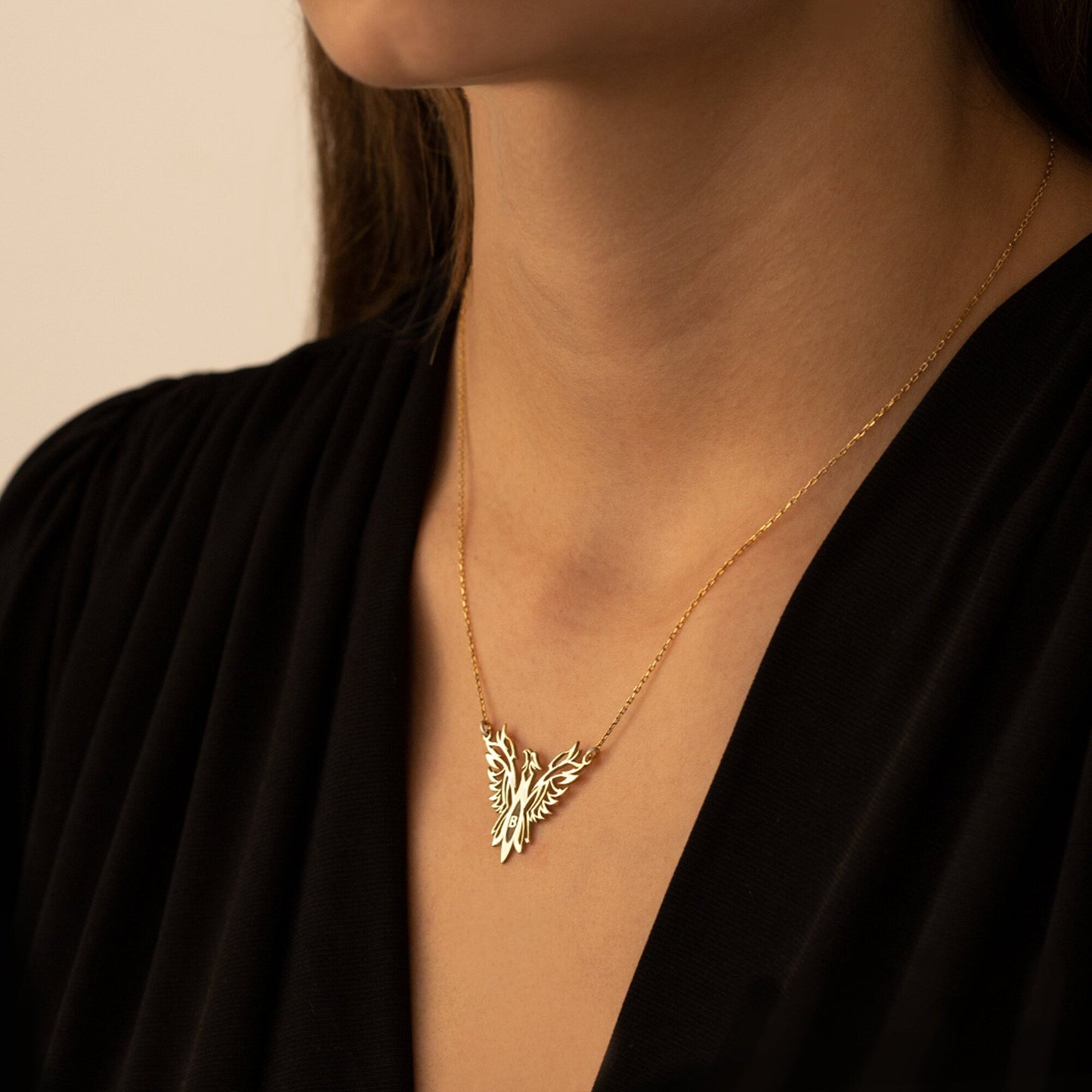 925 Sterling Silver Unique Phoenix and Initial Gold Necklace