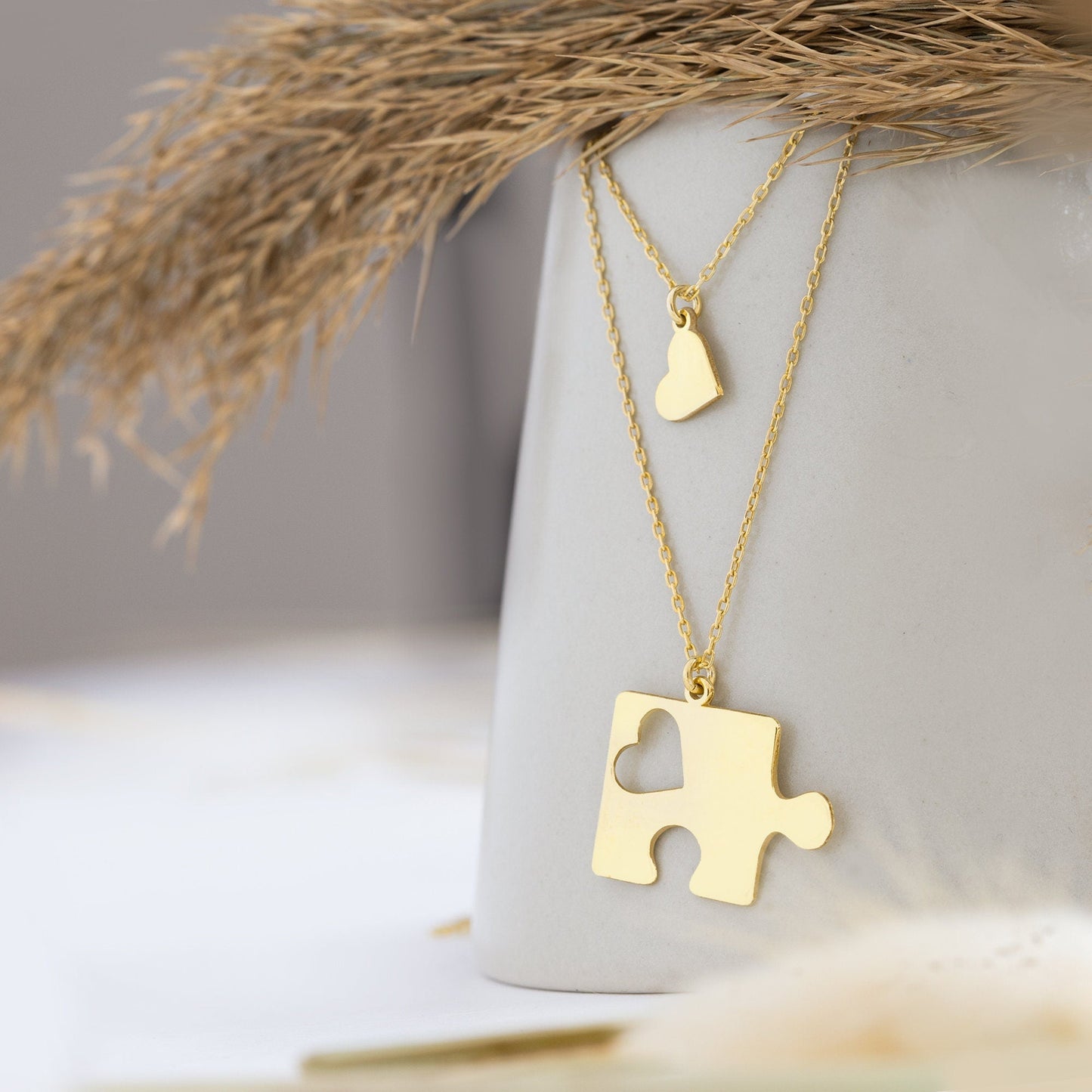 925 Ayar Gümüş Çift Puzzle ve Kalp Kolye