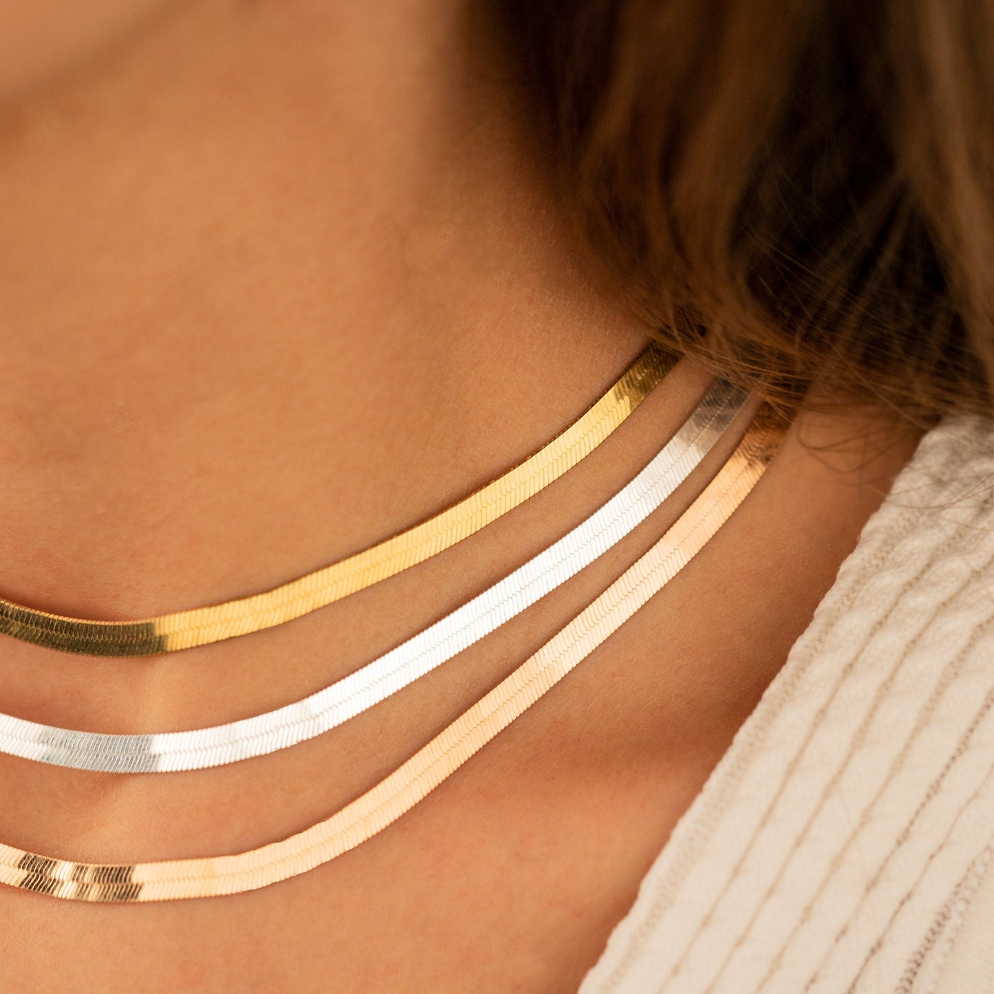 925 Sterling Silver Snake Layered Herringbone Chain Necklace