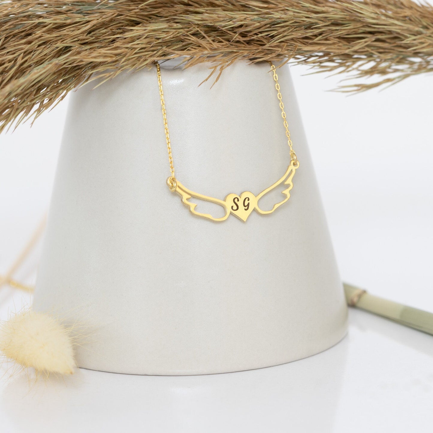 925 Sterling Silver Initial Angel Wings Love Necklace