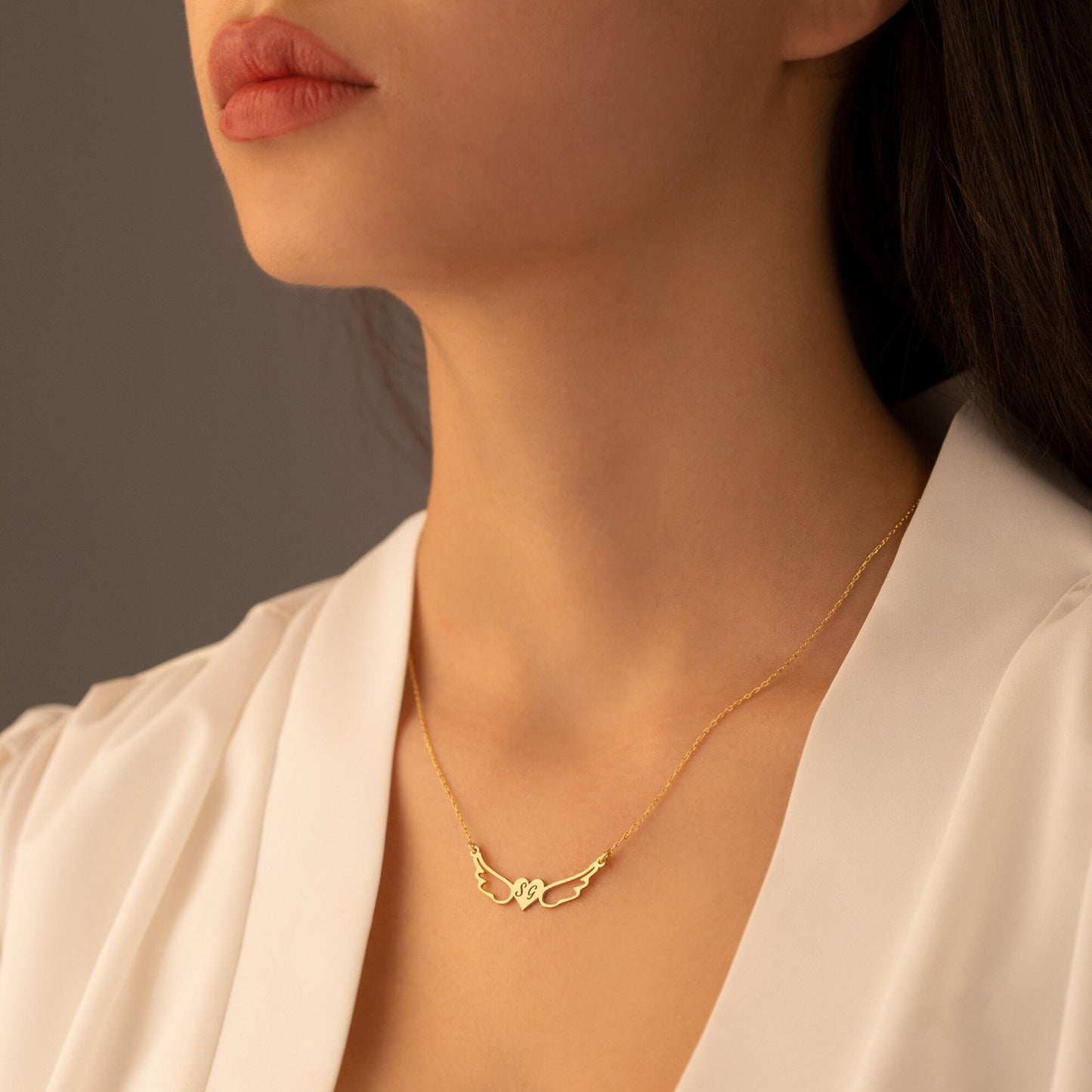 925 Sterling Silver Initial Angel Wings Love Necklace