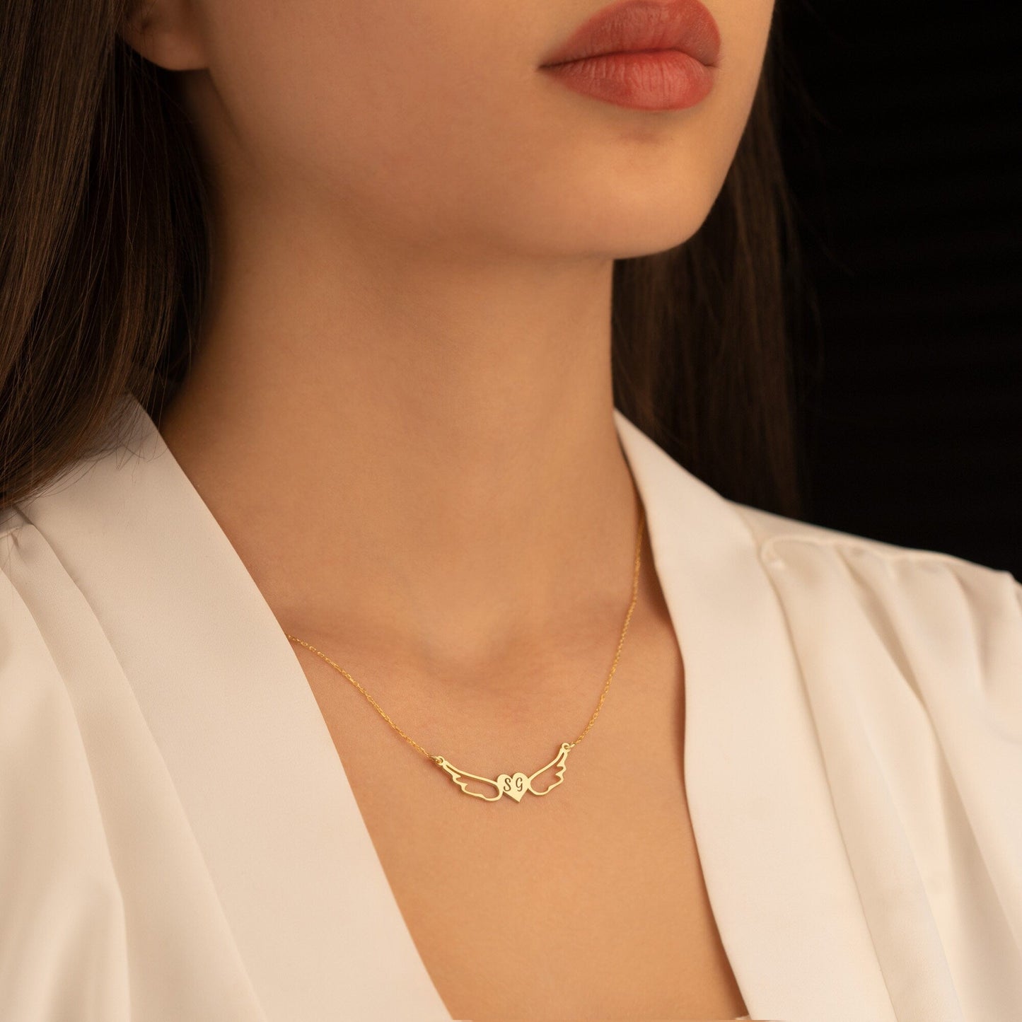 925 Sterling Silver Initial Angel Wings Love Necklace