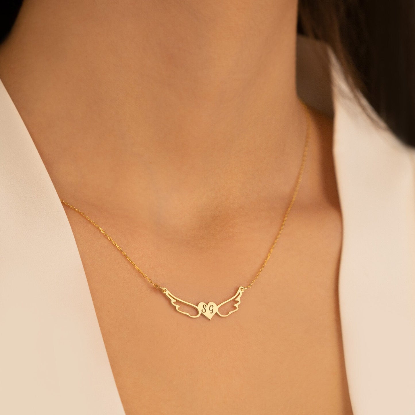 925 Sterling Silver Initial Angel Wings Love Necklace