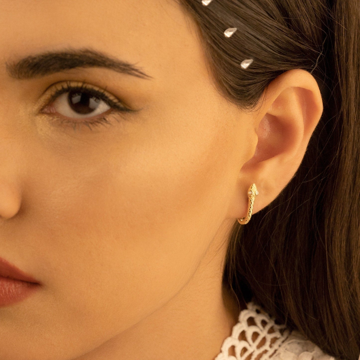 925 Sterling Silver Diamond Eye Snake Hoop Earrings