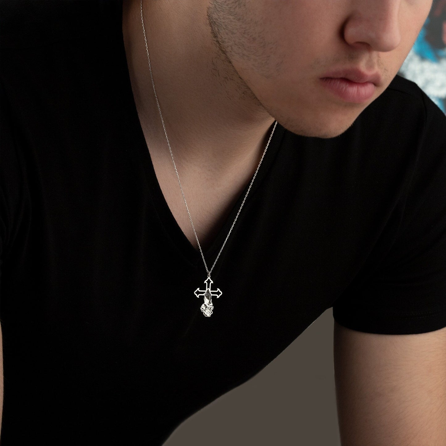 925 Sterling Silver Praying Hands Crucifix Necklace