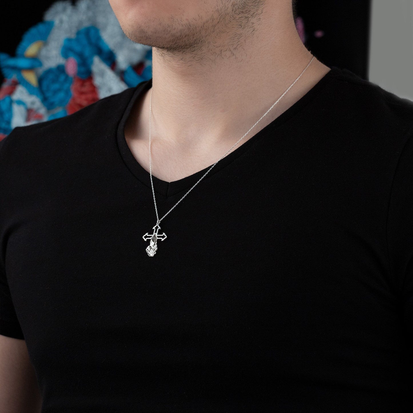 925 Sterling Silver Praying Hands Crucifix Necklace