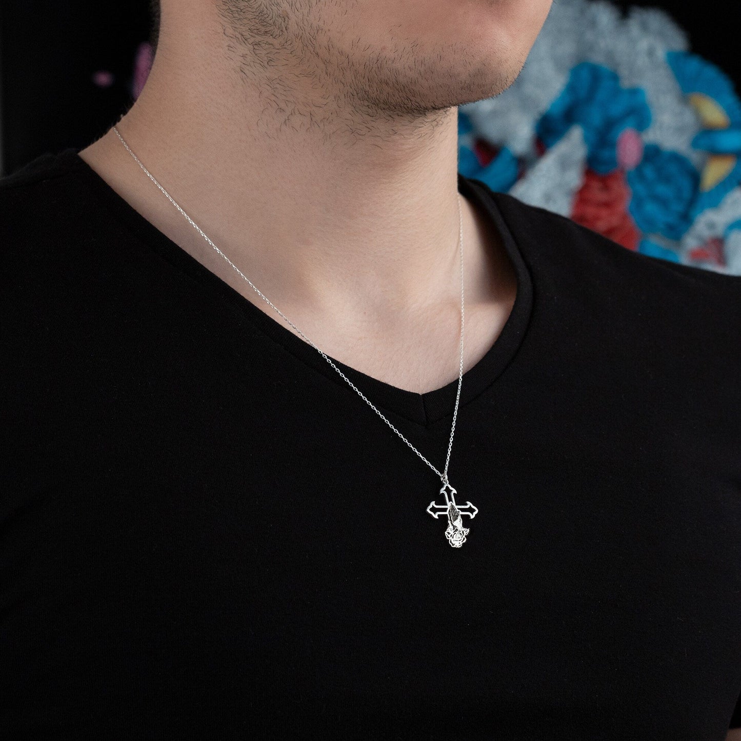 925 Sterling Silver Praying Hands Crucifix Necklace