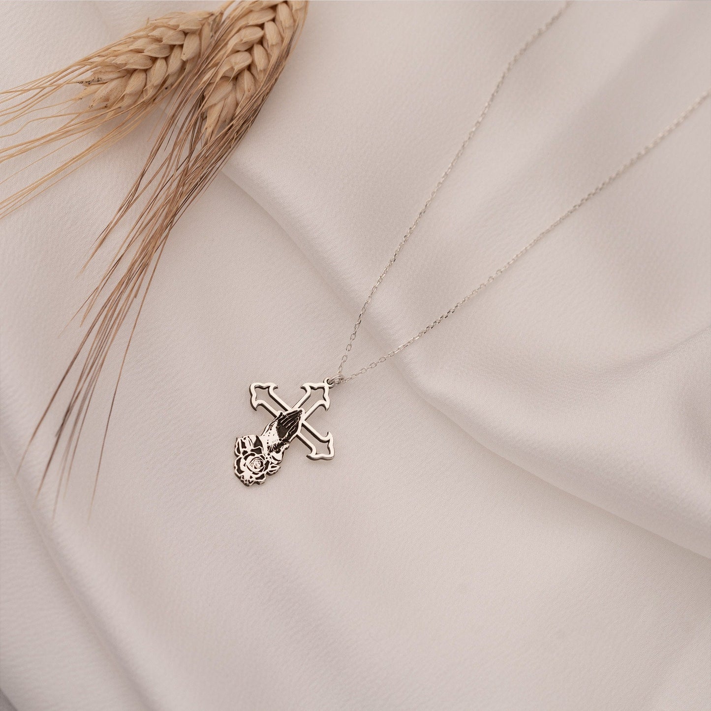 925 Sterling Silver Praying Hands Crucifix Necklace