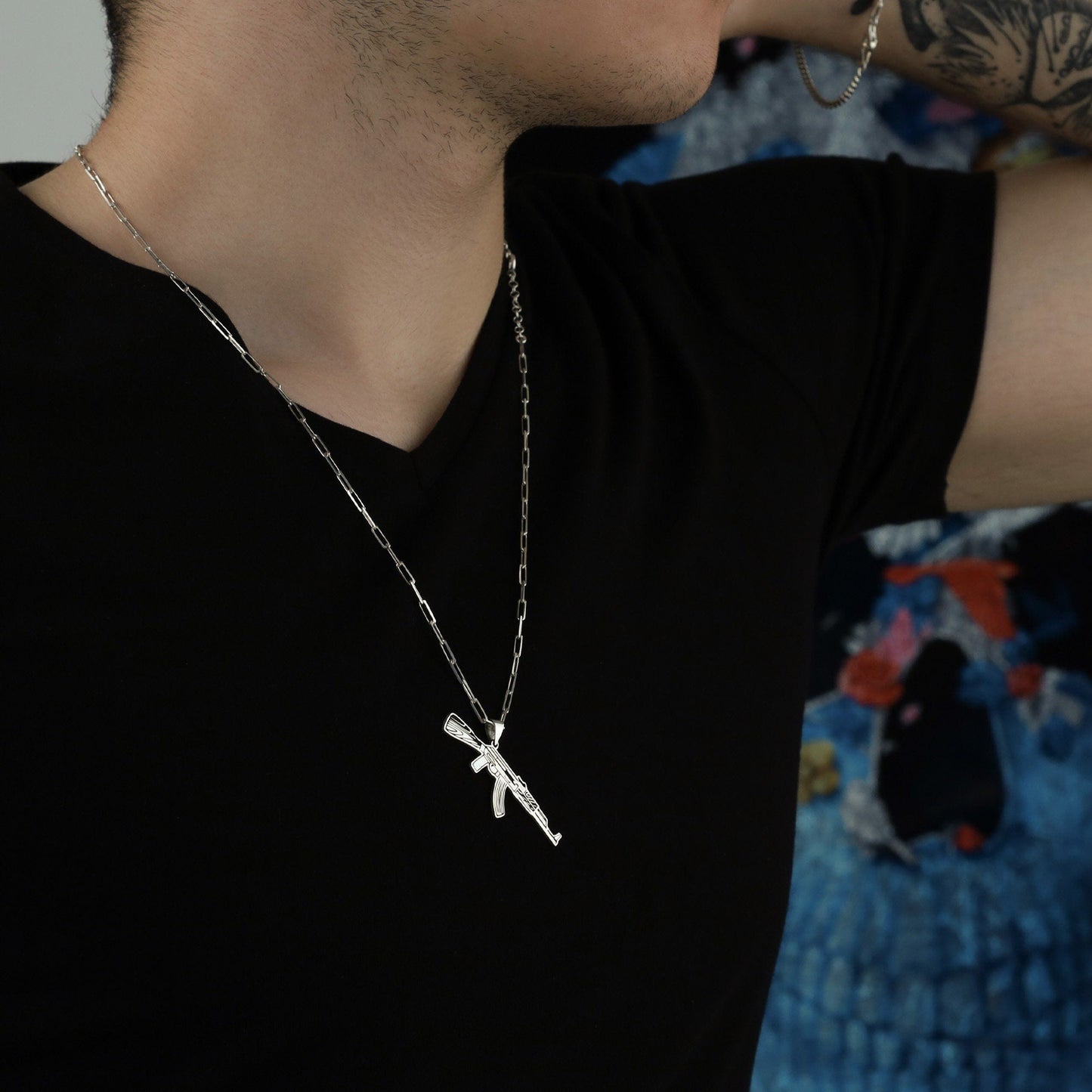 925 Sterling Silver Oxidized Chain Kalashnikov Necklace