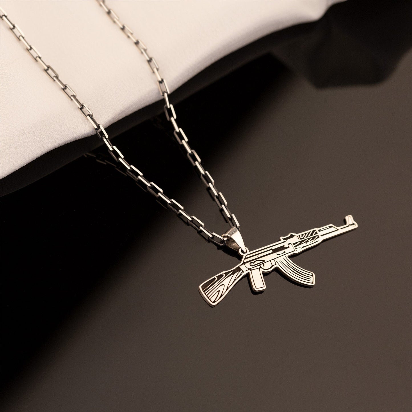 925 Sterling Silver Oxidized Chain Kalashnikov Necklace
