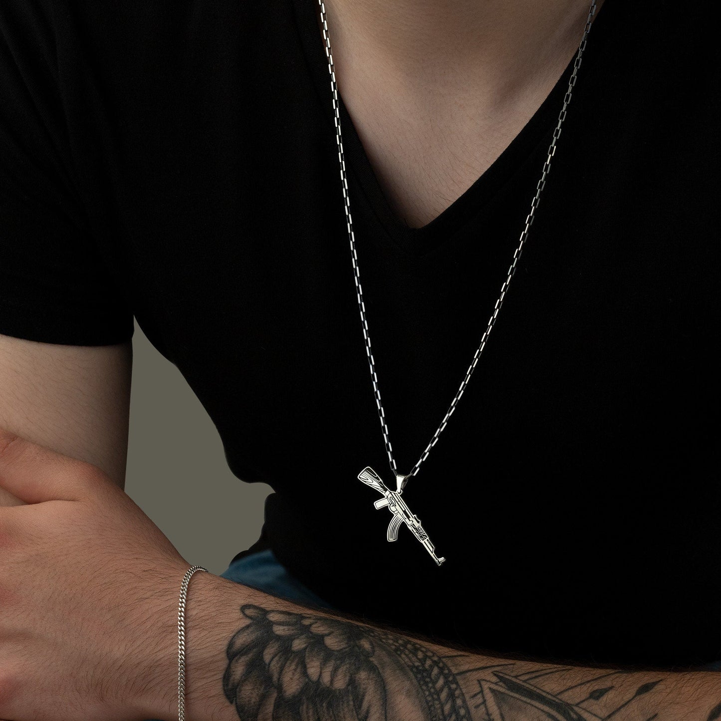 925 Sterling Silver Oxidized Chain Kalashnikov Necklace