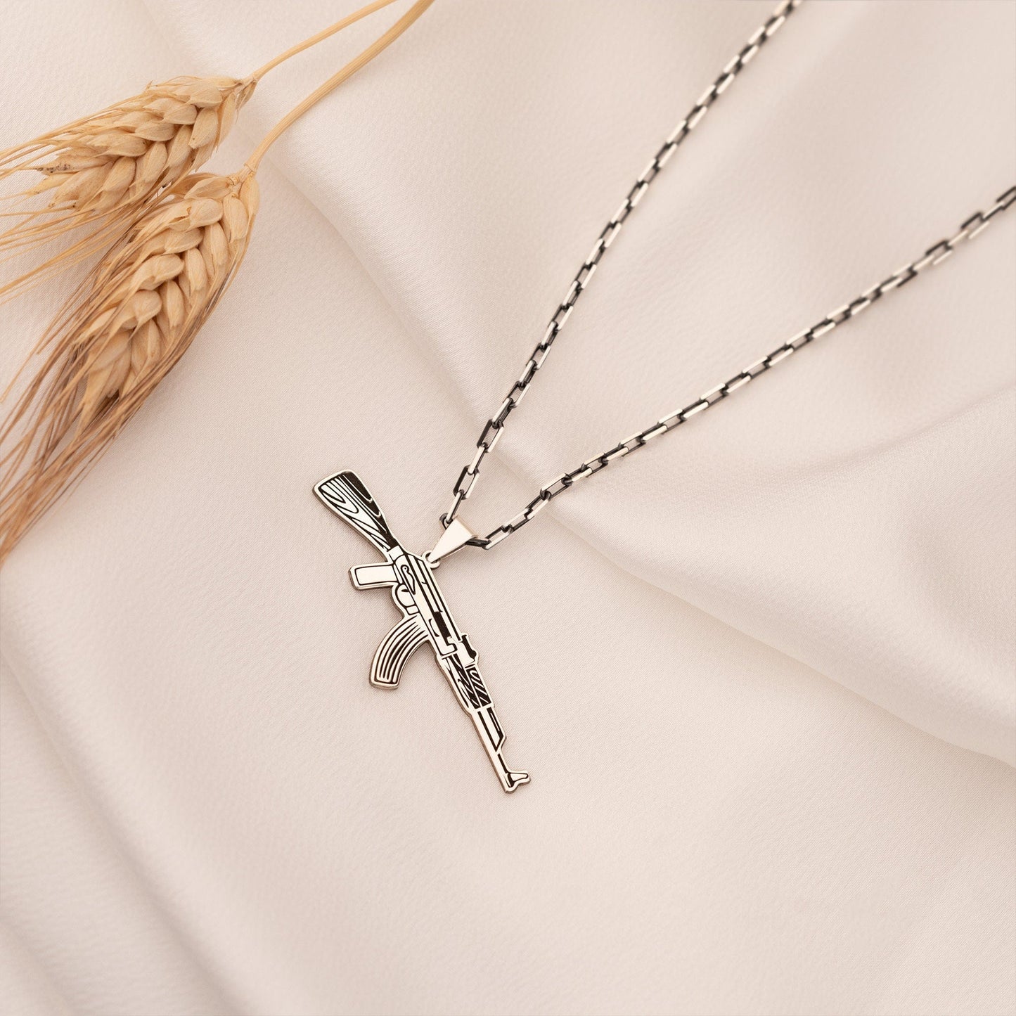 925 Sterling Silver Oxidized Chain Kalashnikov Necklace
