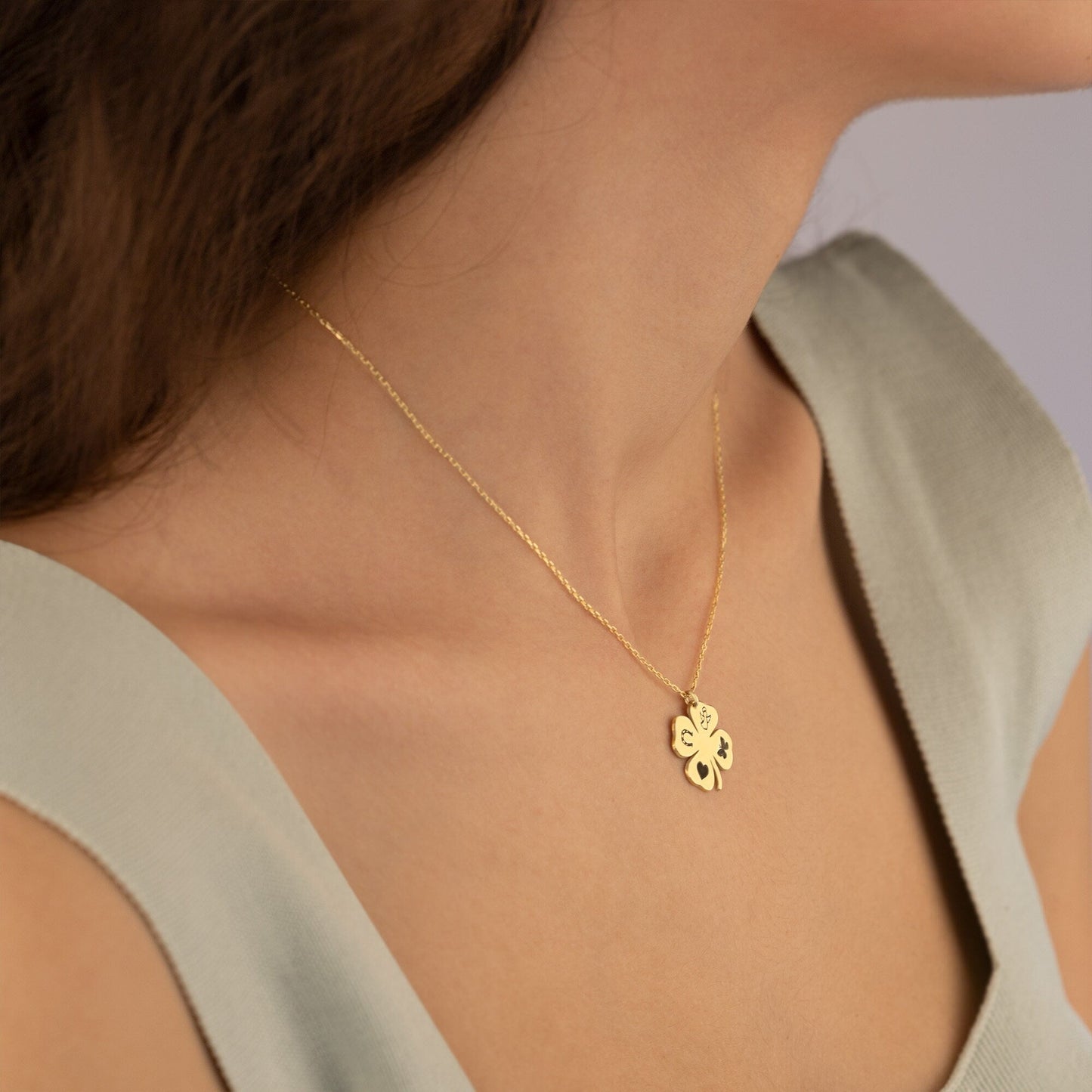 14K Solid Gold Four Leaf Clover Necklace
