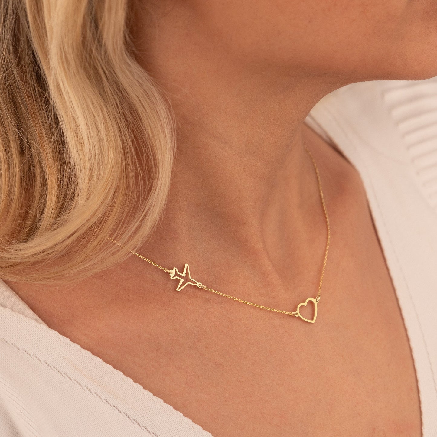 925 Sterling Silver Heart and Plane Necklace
