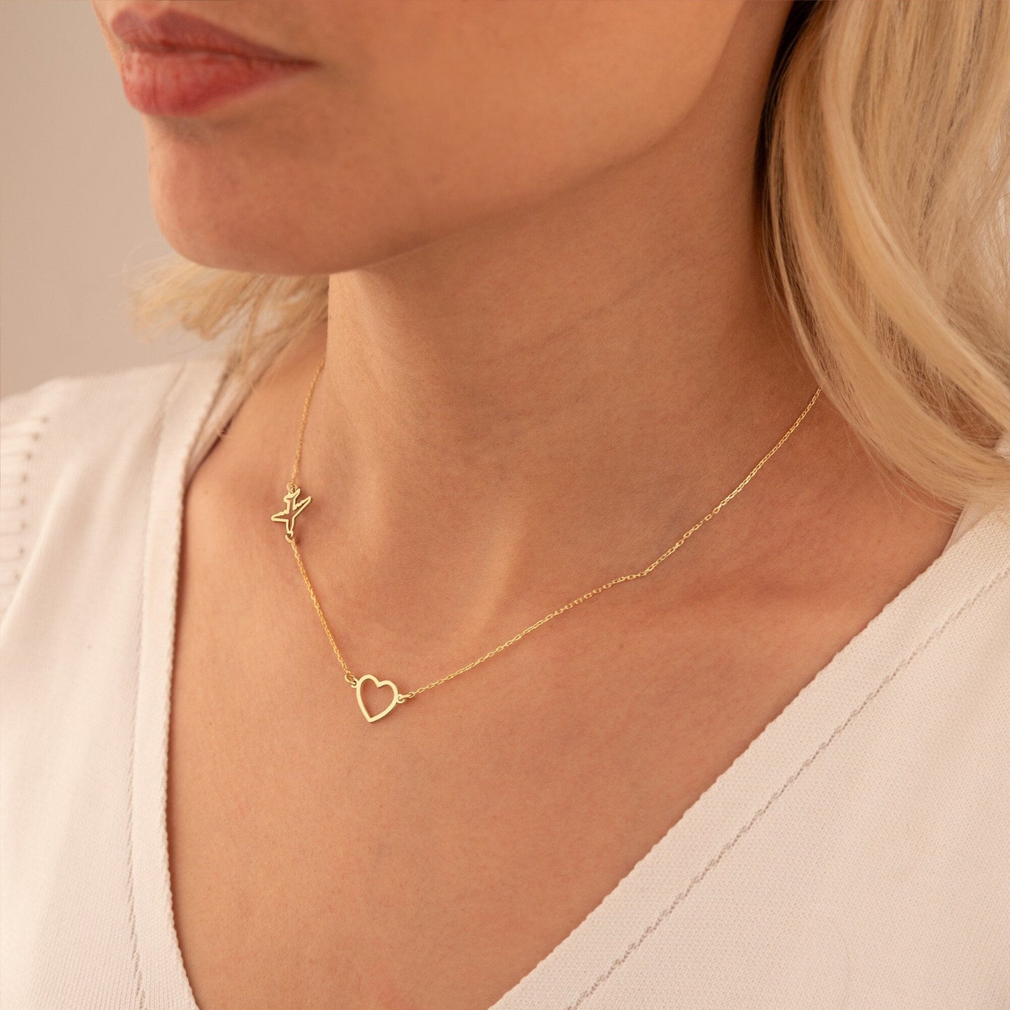 925 Sterling Silver Heart and Plane Necklace
