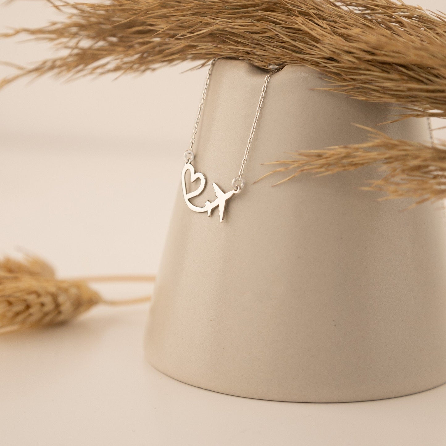 925 Sterling Silver Plane and Heart Necklace