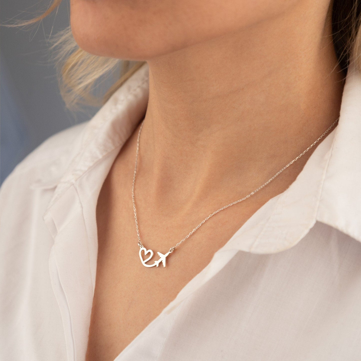 925 Sterling Silver Plane and Heart Necklace