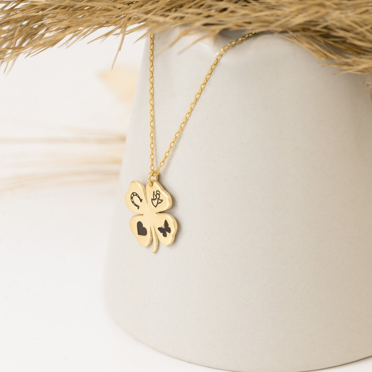 14K Solid Gold Four Leaf Clover Necklace