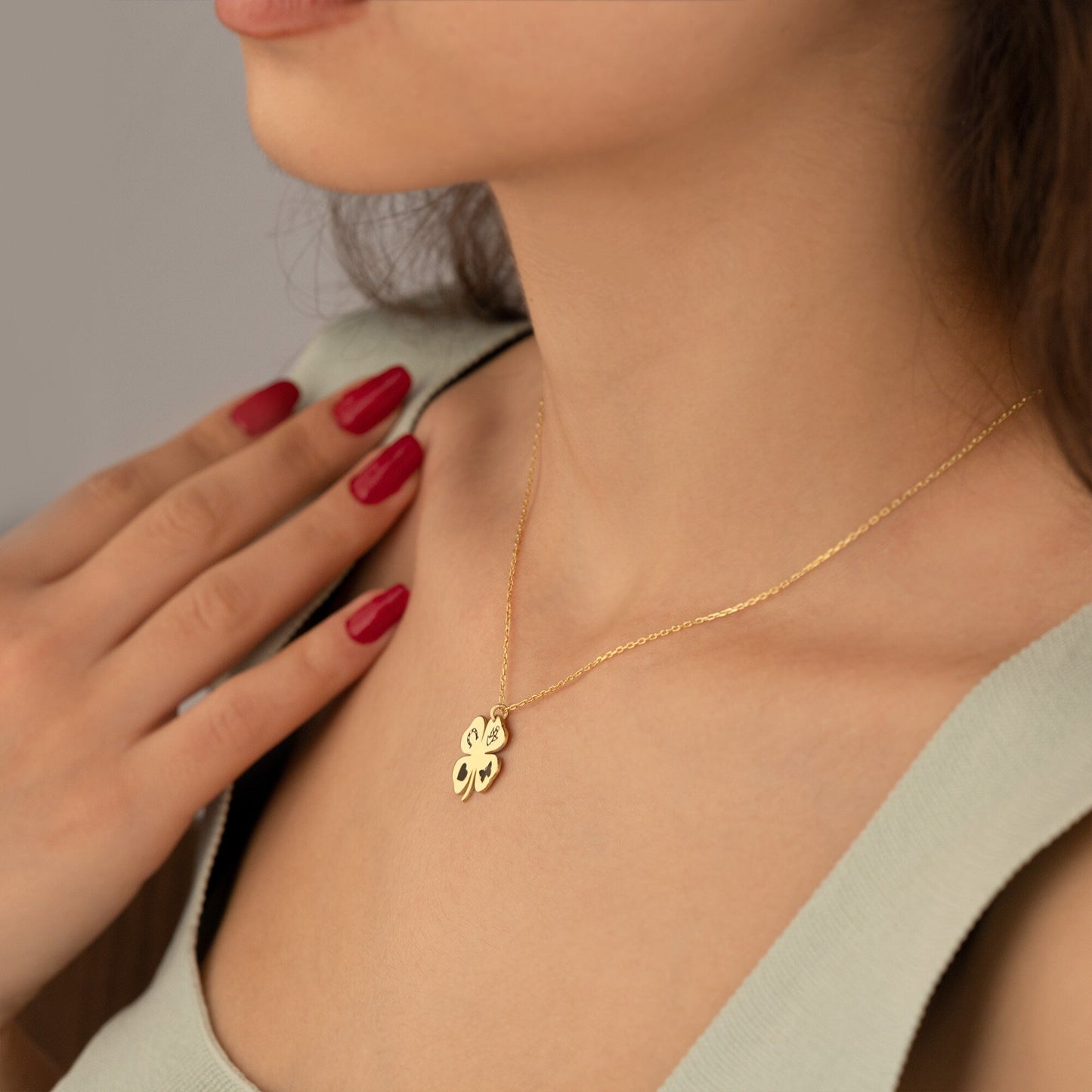 14K Solid Gold Four Leaf Clover Necklace
