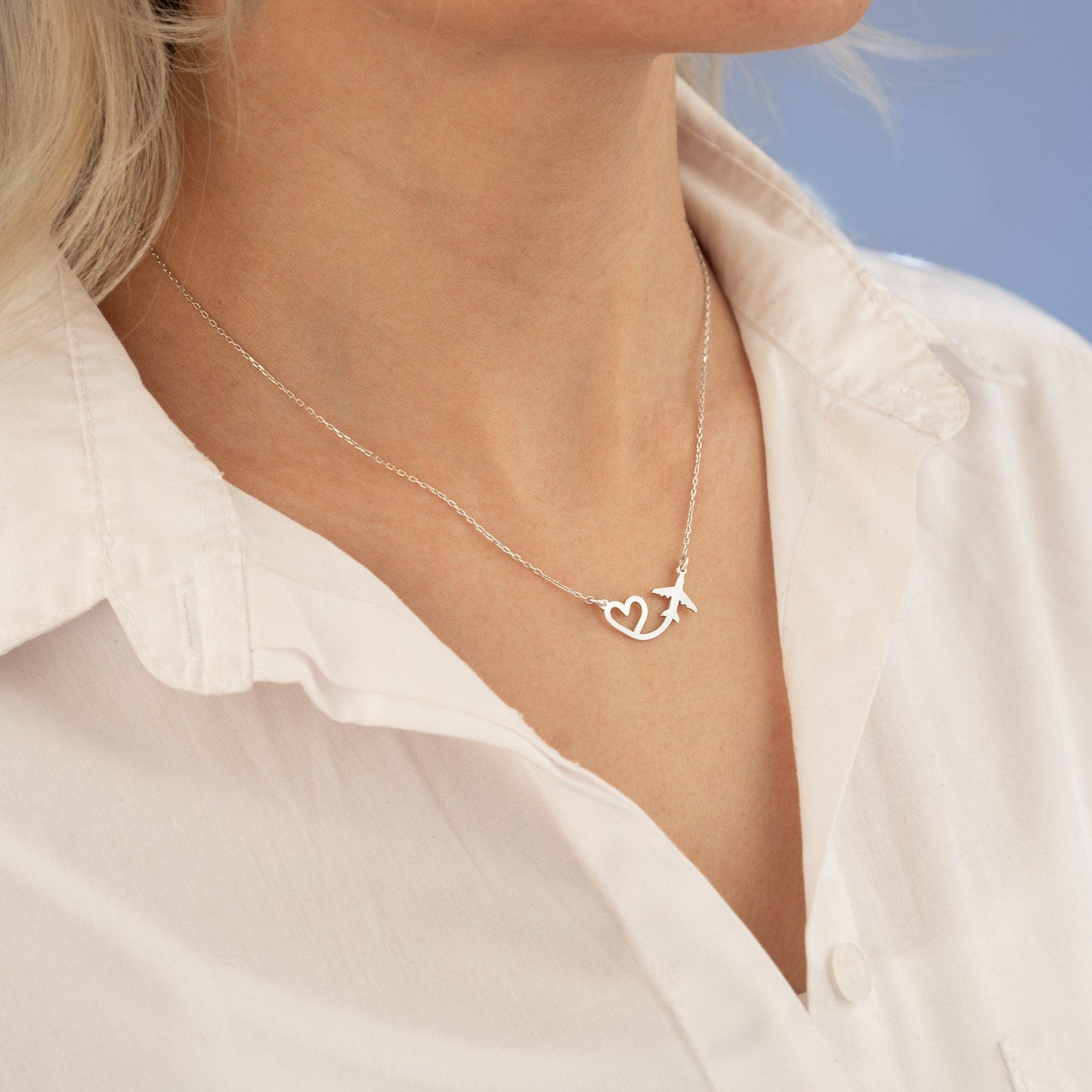 925 Sterling Silver Plane and Heart Necklace