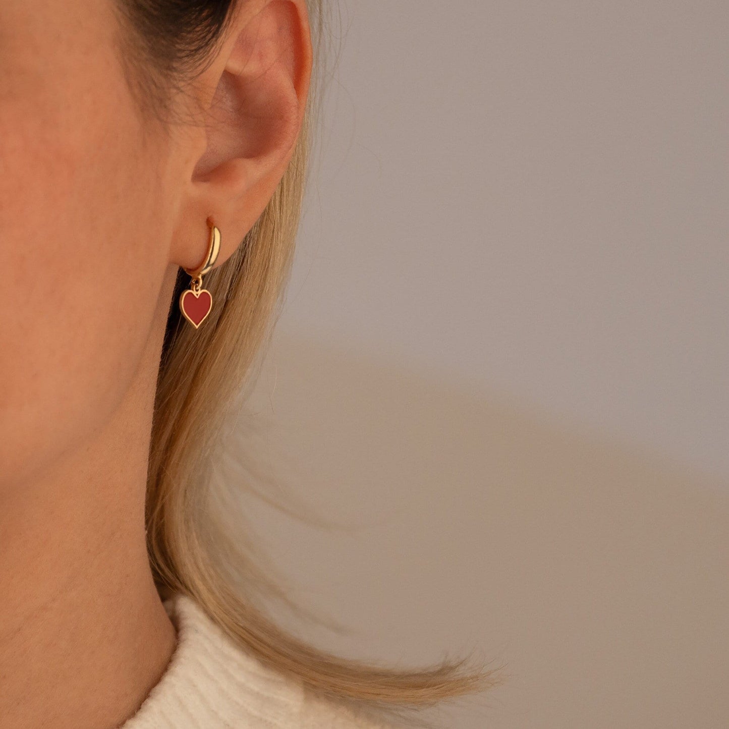 925 Sterling Silver Red Heart Hoop Earrings