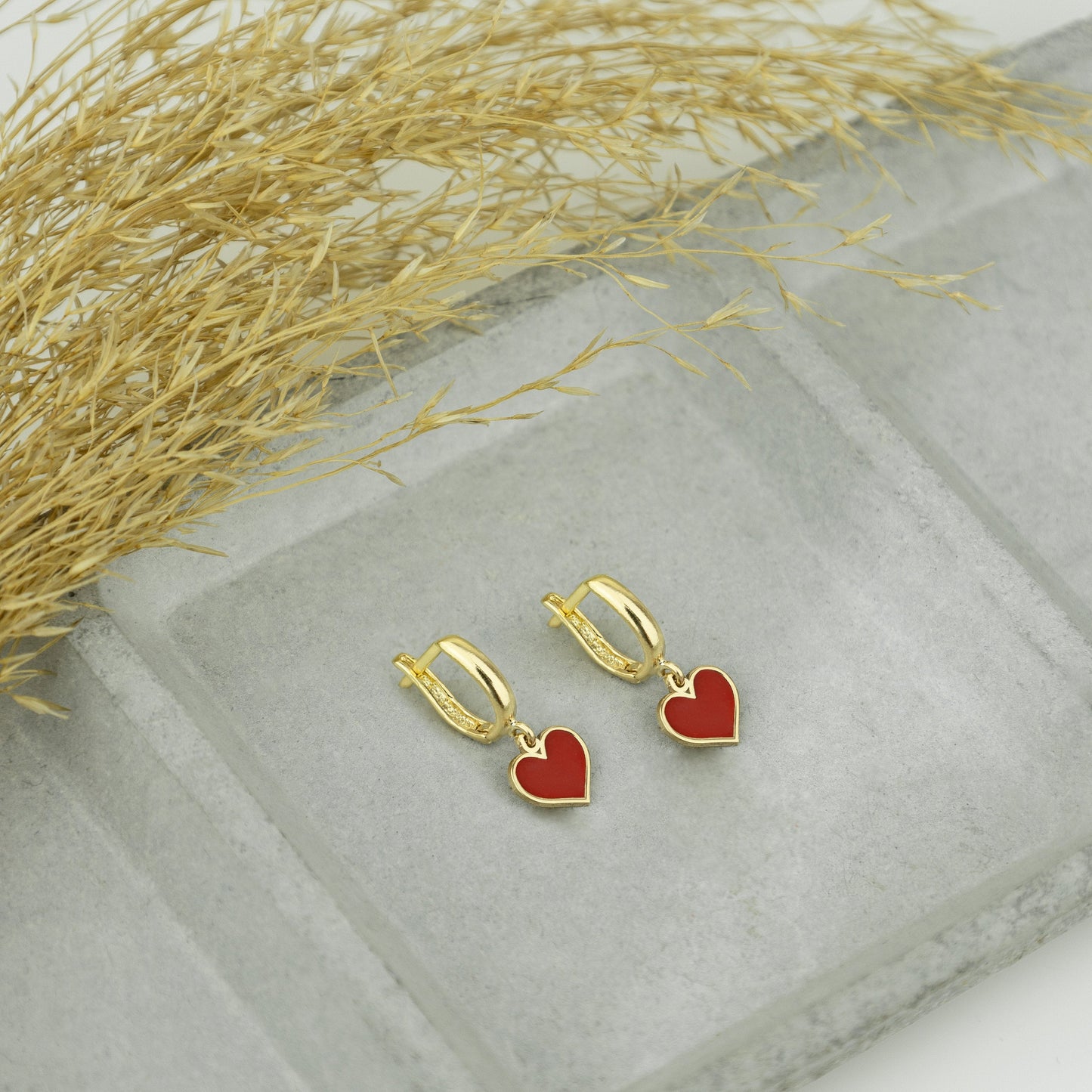 925 Sterling Silver Red Heart Hoop Earrings