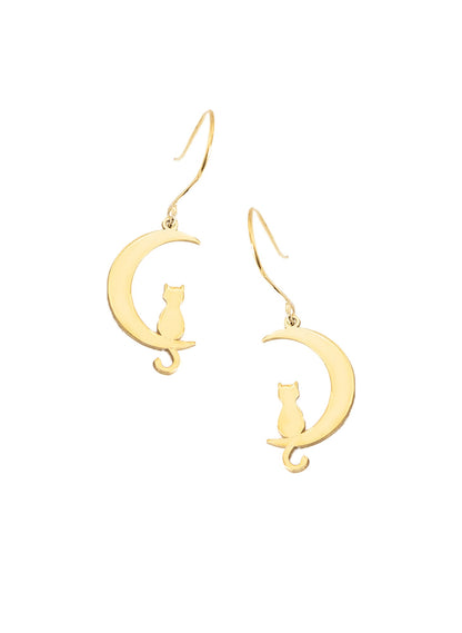 925 Sterling Silver Cat Moon Dangle &amp; Drop Earrings