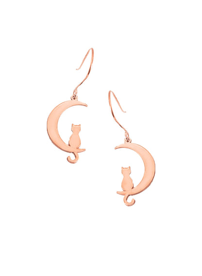 925 Sterling Silver Cat Moon Dangle &amp; Drop Earrings
