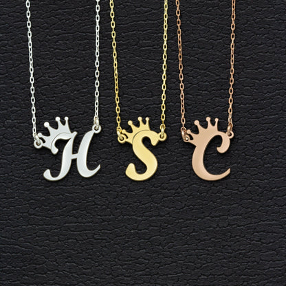 925 Sterling Silver Personalized Initial with Crown Necklace