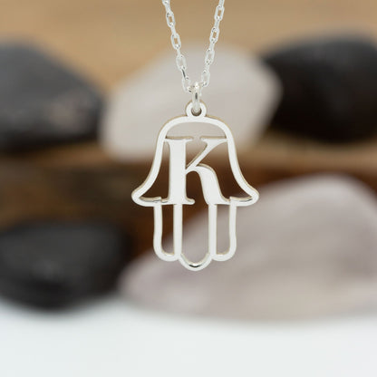 925 Sterling Silver Hand of Hamsa Initial Necklace