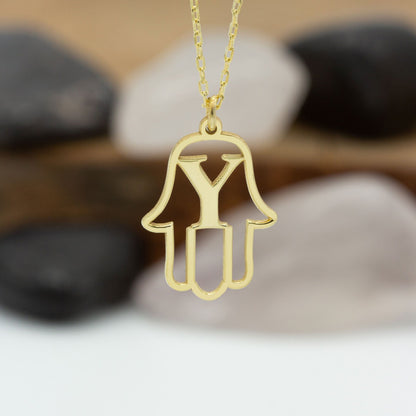 925 Sterling Silver Hand of Hamsa Initial Necklace