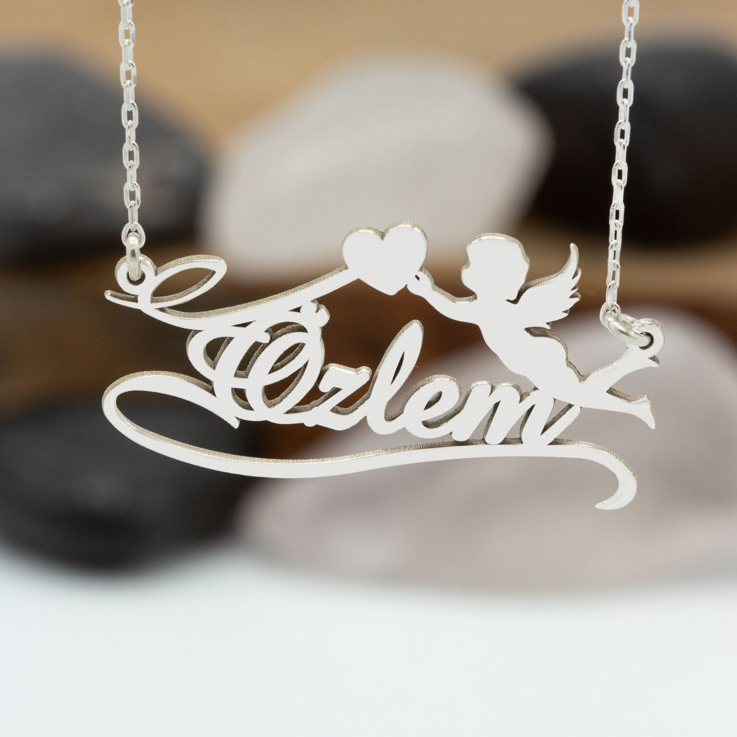 925 Sterling Silver Personalized Name Necklace with Angel