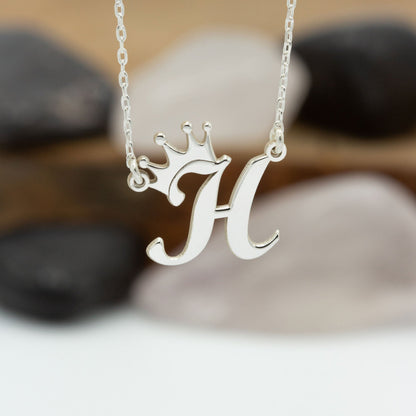 925 Sterling Silver Personalized Initial with Crown Necklace