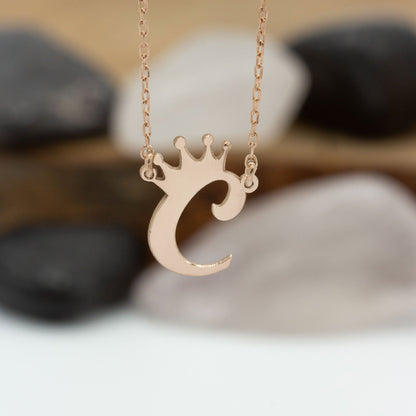 925 Sterling Silver Personalized Initial with Crown Necklace