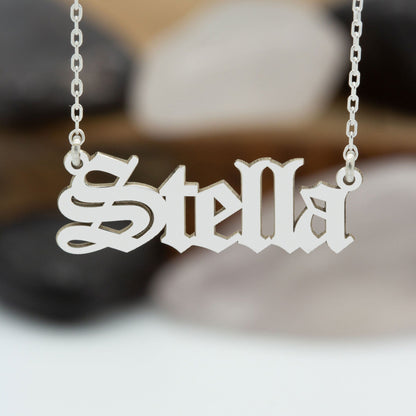 925 Sterling Silver Personalized Old English Font Name Necklace