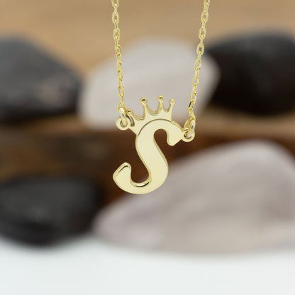 925 Sterling Silver Personalized Initial with Crown Necklace
