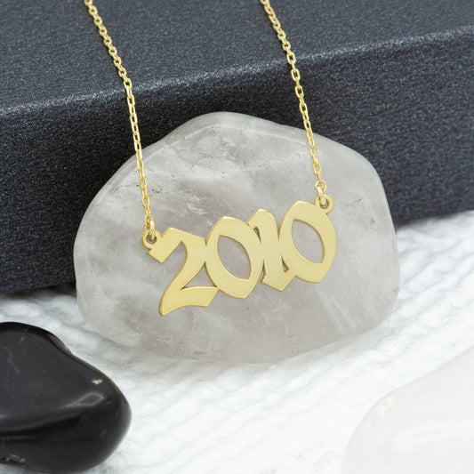 14K Solid Gold Old English Numeral Necklace