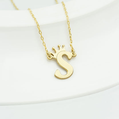 925 Sterling Silver Personalized Initial with Crown Necklace