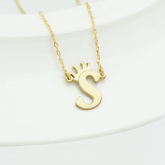 925 Sterling Silver Personalized Initial with Crown Necklace