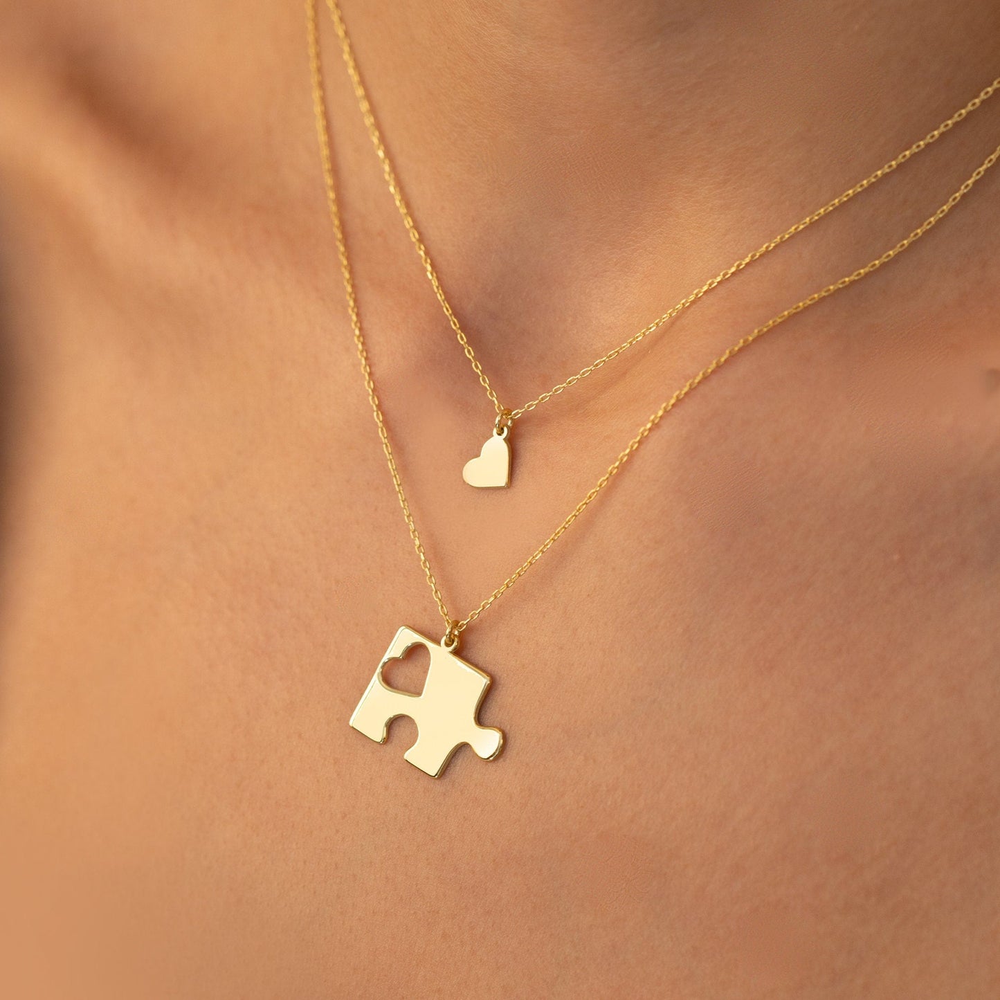 925 Sterling Silver Double Puzzle and Heart Necklace